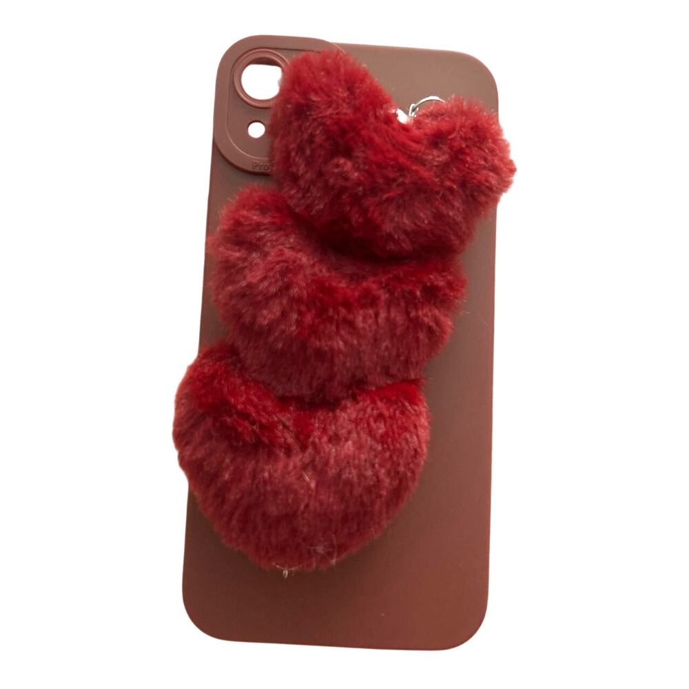 Dark Red Maroon Faux Fur Heart Holder Apple IPhone 14 Plus Case Kawaii Valentine
